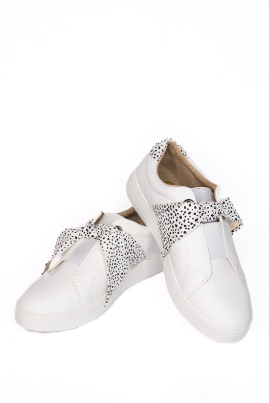 White Leather Slip-On Sneakers with Black & White Print Ribbon Styling