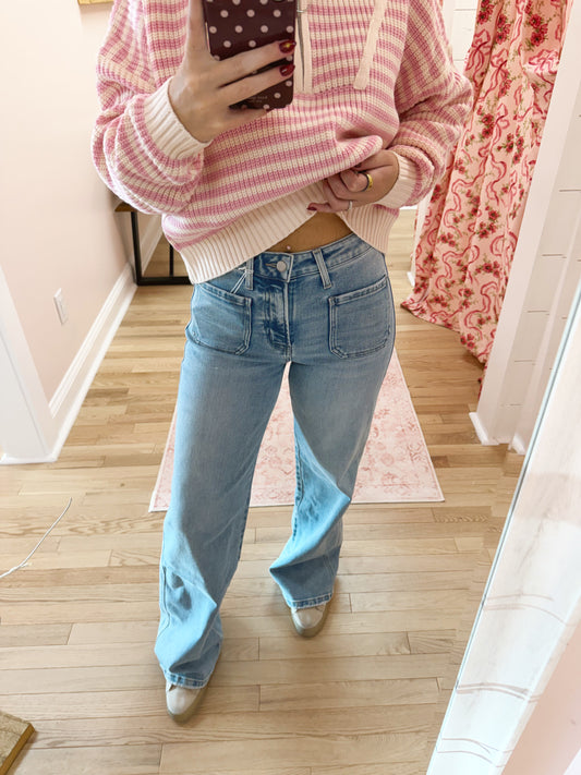 High Rise Patch Pocket Wide Leg Jeans