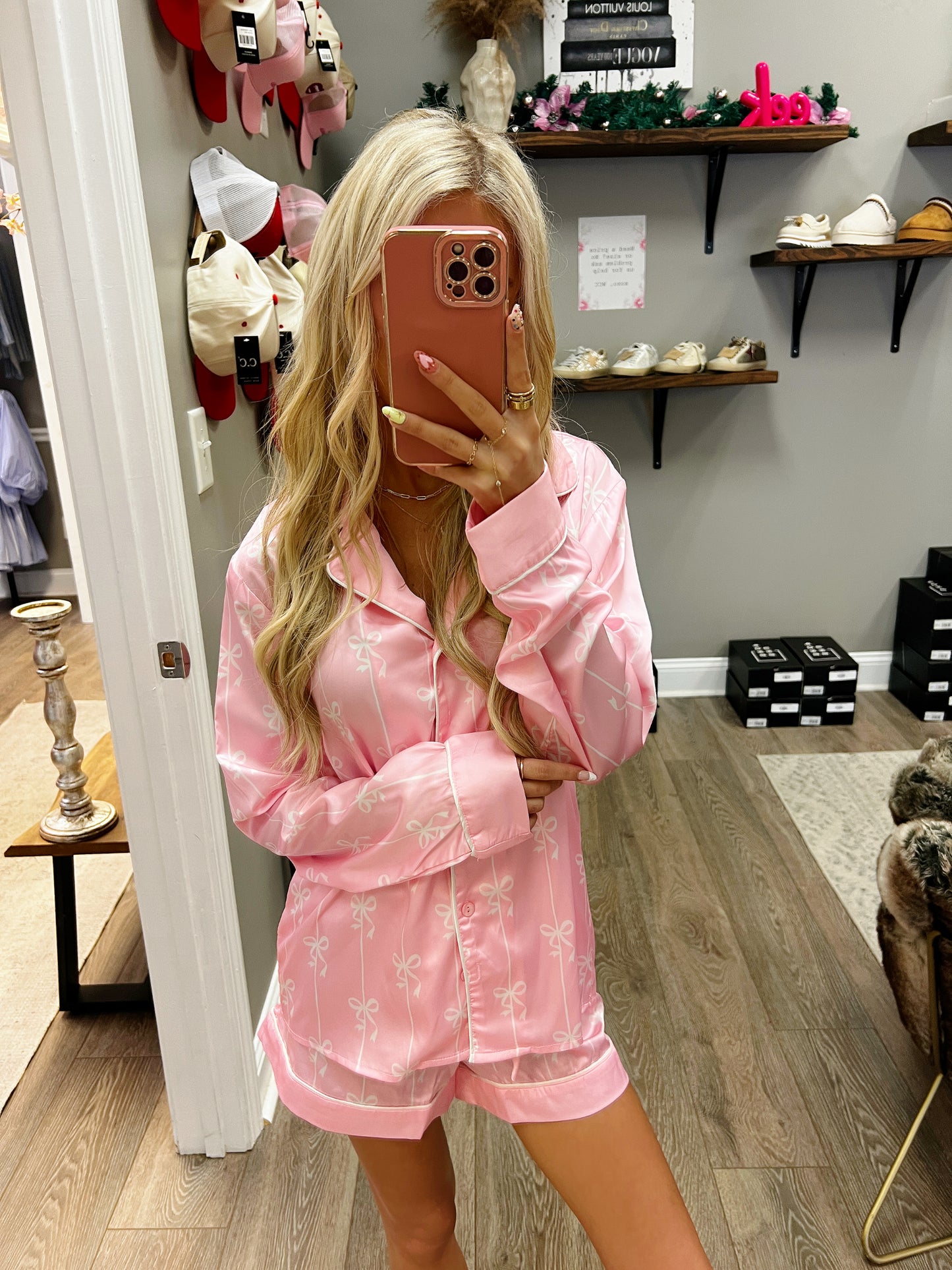 Pink Bows Satin Pajama Shorts