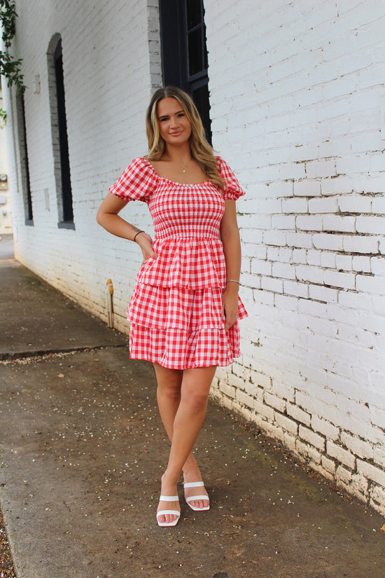 Red And White Smocked Mini Dress