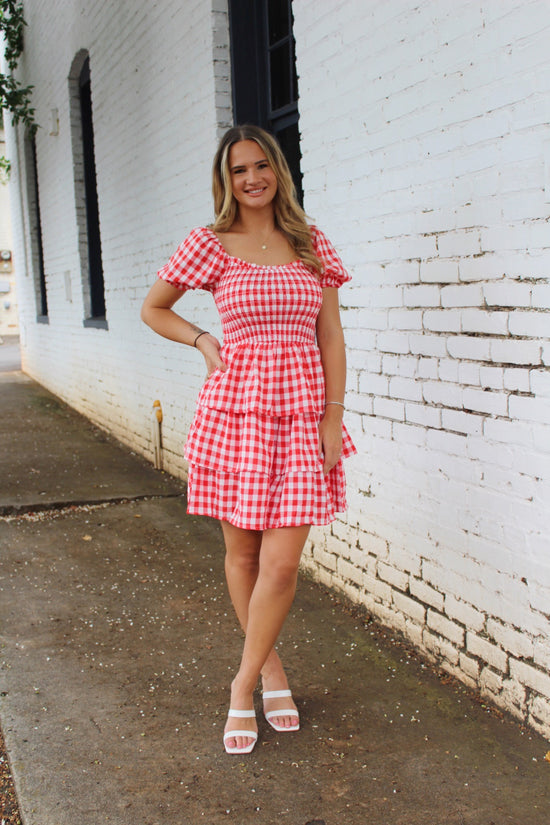 Load image into Gallery viewer, Red And White Smocked Mini Dress
