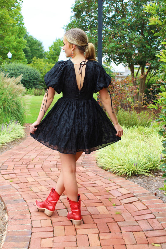 Load image into Gallery viewer, Floral Lace Detail Lace Up Black Mini Dress
