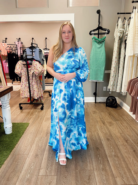 Ivory Blue Printed Woven Maxi Dress