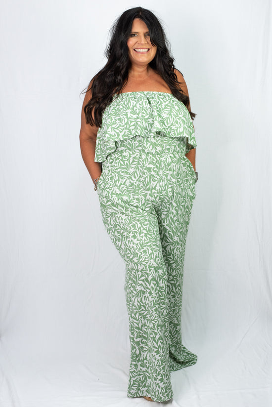 Hailey & Co Green and White Print Strapless Jumpsuit