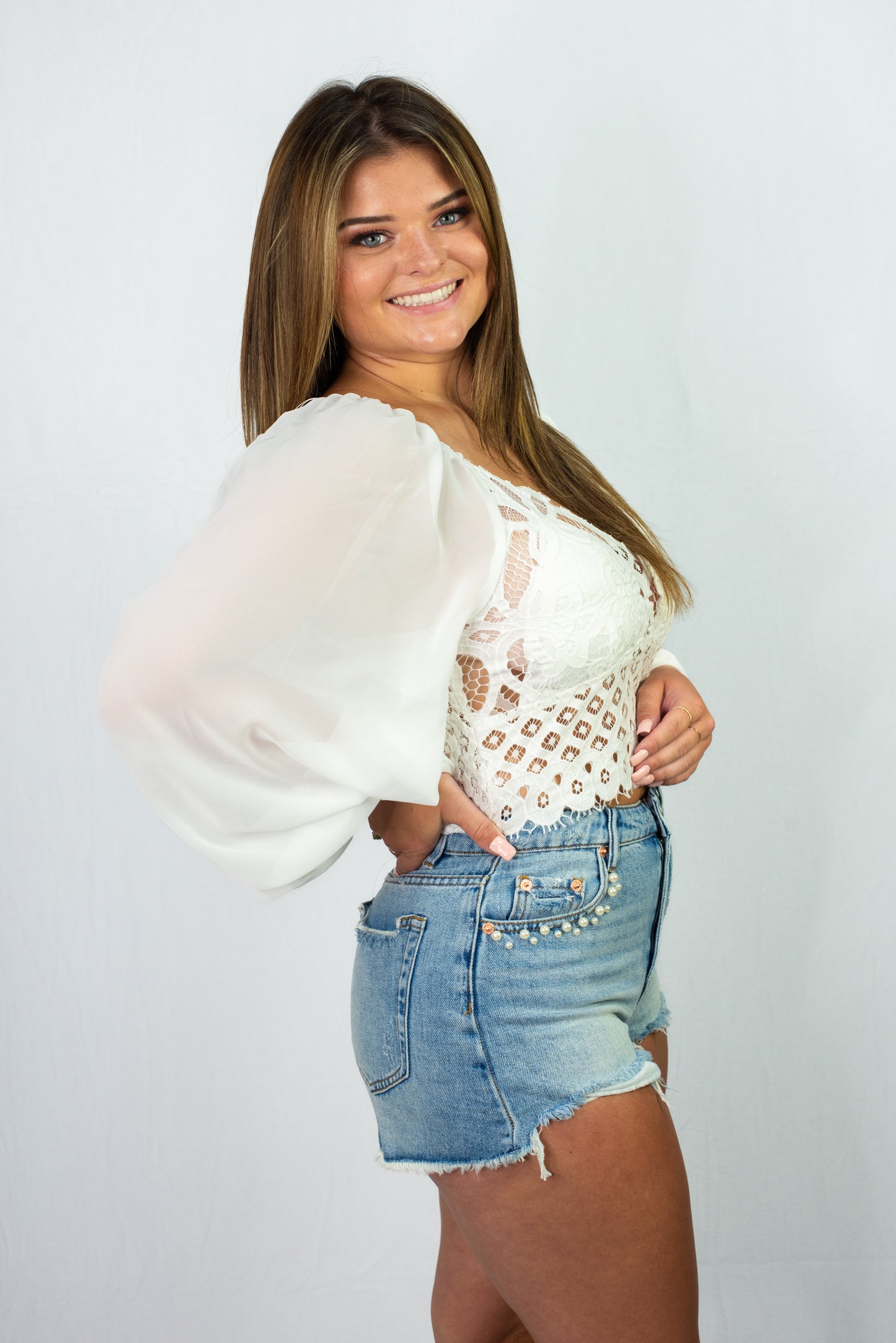 Jealous Tomato Lace Long-Sleeve White Crop Top