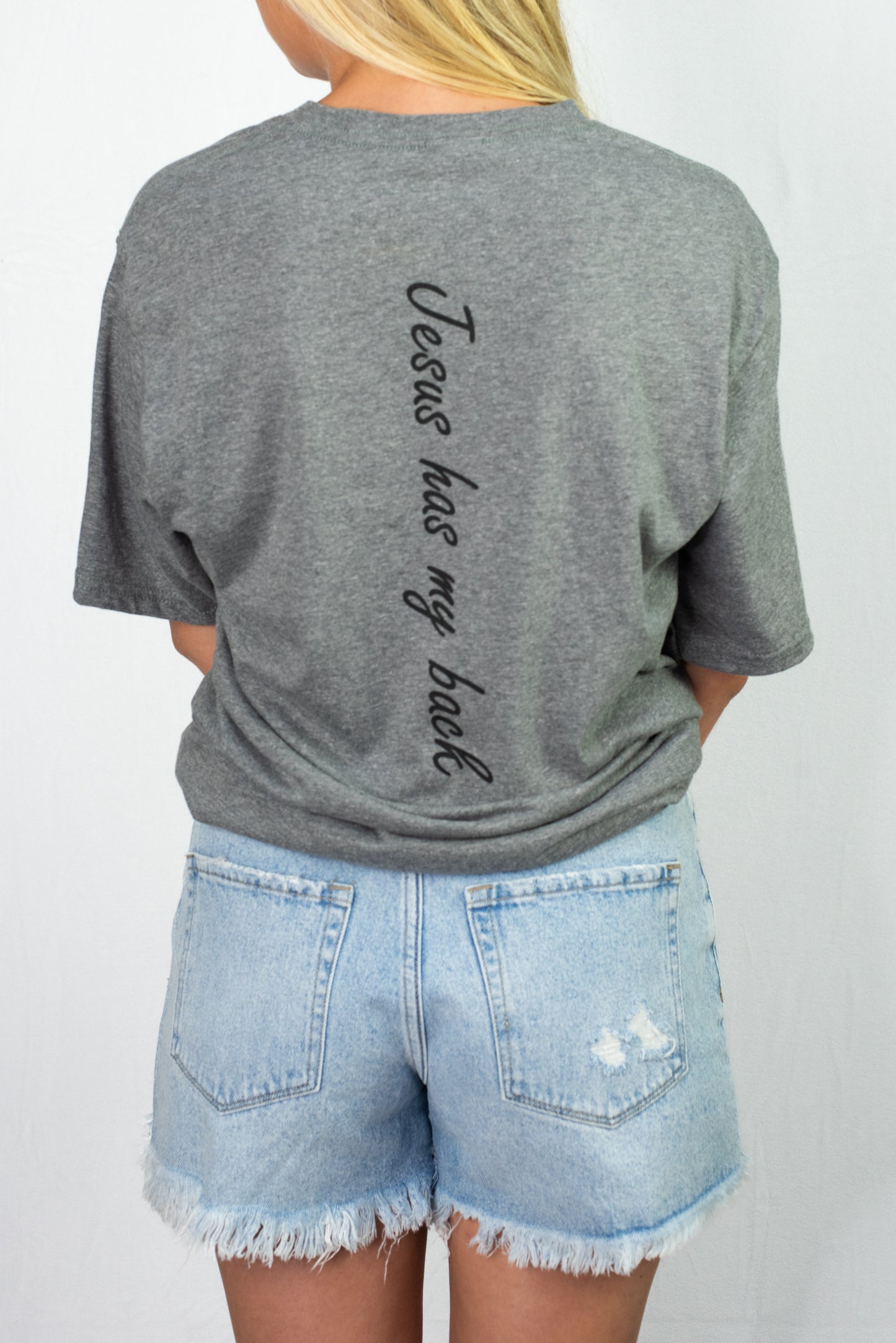 Load image into Gallery viewer, Jesus Has My Back Gray T-Shirt
