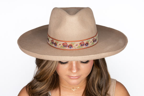 Load image into Gallery viewer, Tan Felt Wide Brim Hat with Multi-Color Ribbon
