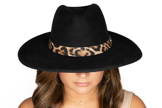 Black Felt Wide Brim Hat with Cheetah Print Band