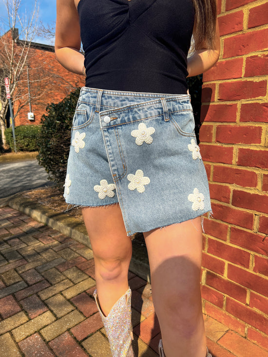 Flower Patched Denim Mini Skort