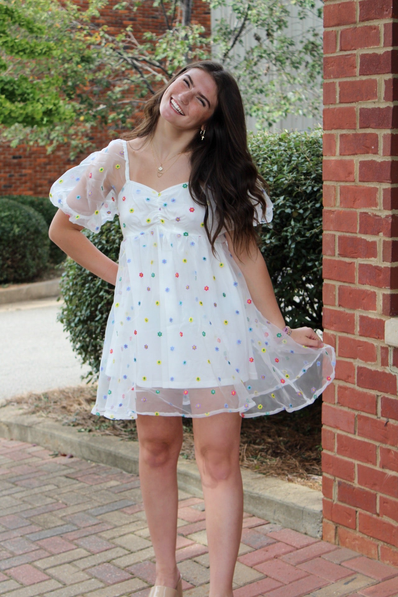 Babydoll Dress W Daisy Embroidery
